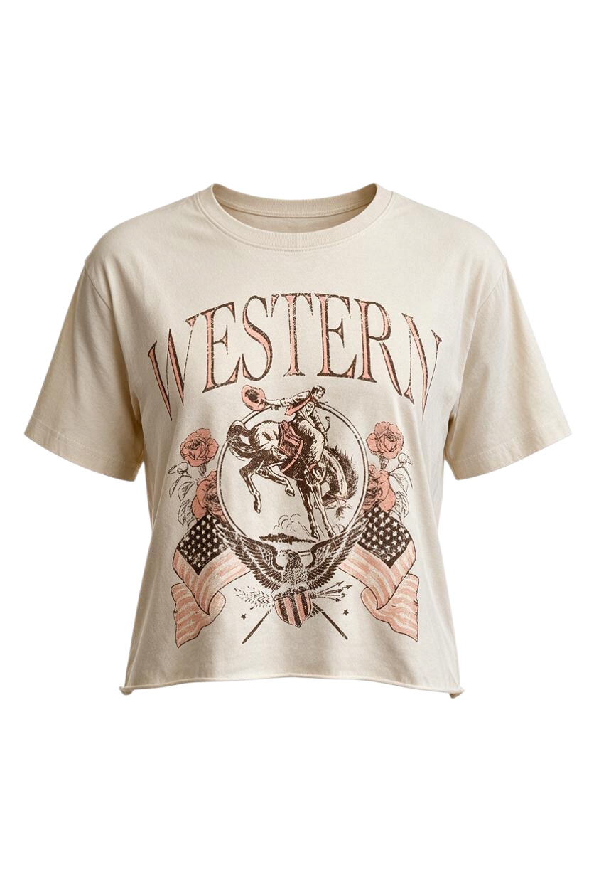 Trestles Clothing Company cropped vintage-style graphic tee in cream cotton with Western cowboy and eagle print