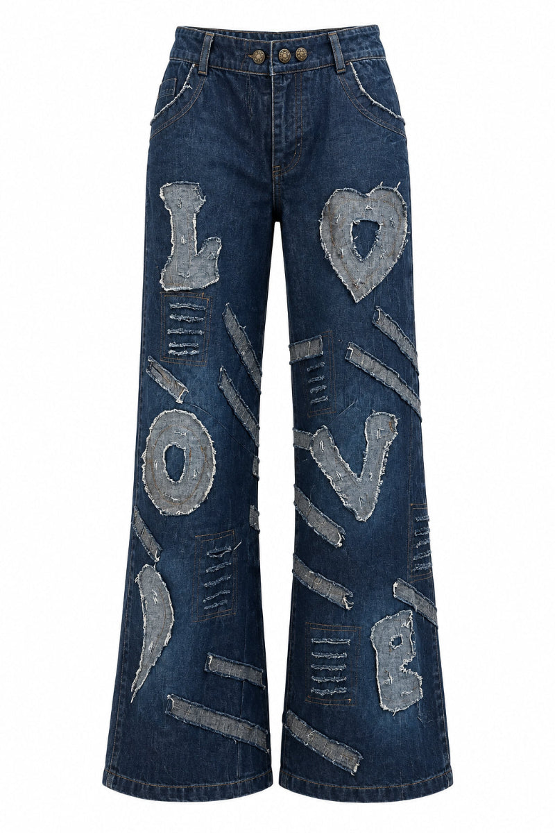Trestles Clothing Company dark denim wide leg jeans featuring heart and LOVE patches with distressed details.