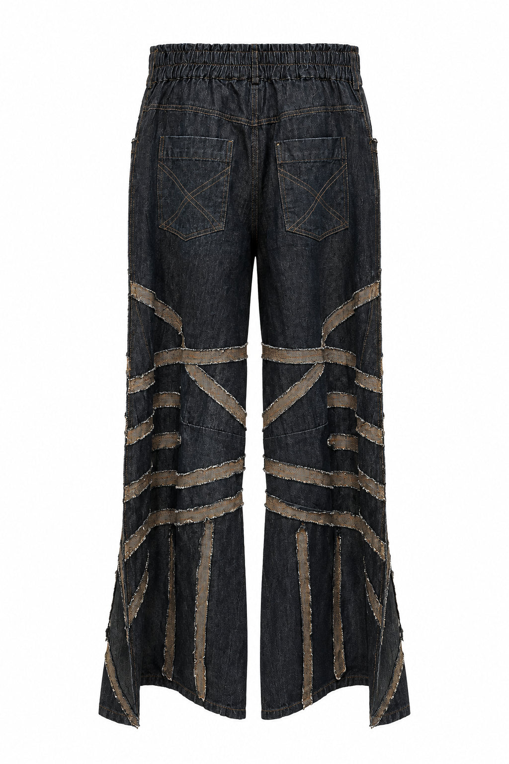 Trestles Clothing Company dark denim wide leg jeans with distressed fabric patches and an elastic back waistband