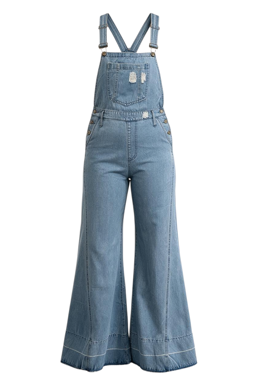 Trestles Clothing Company extreme bell bottom denim overalls with distressed details worn by a model in a boutique.