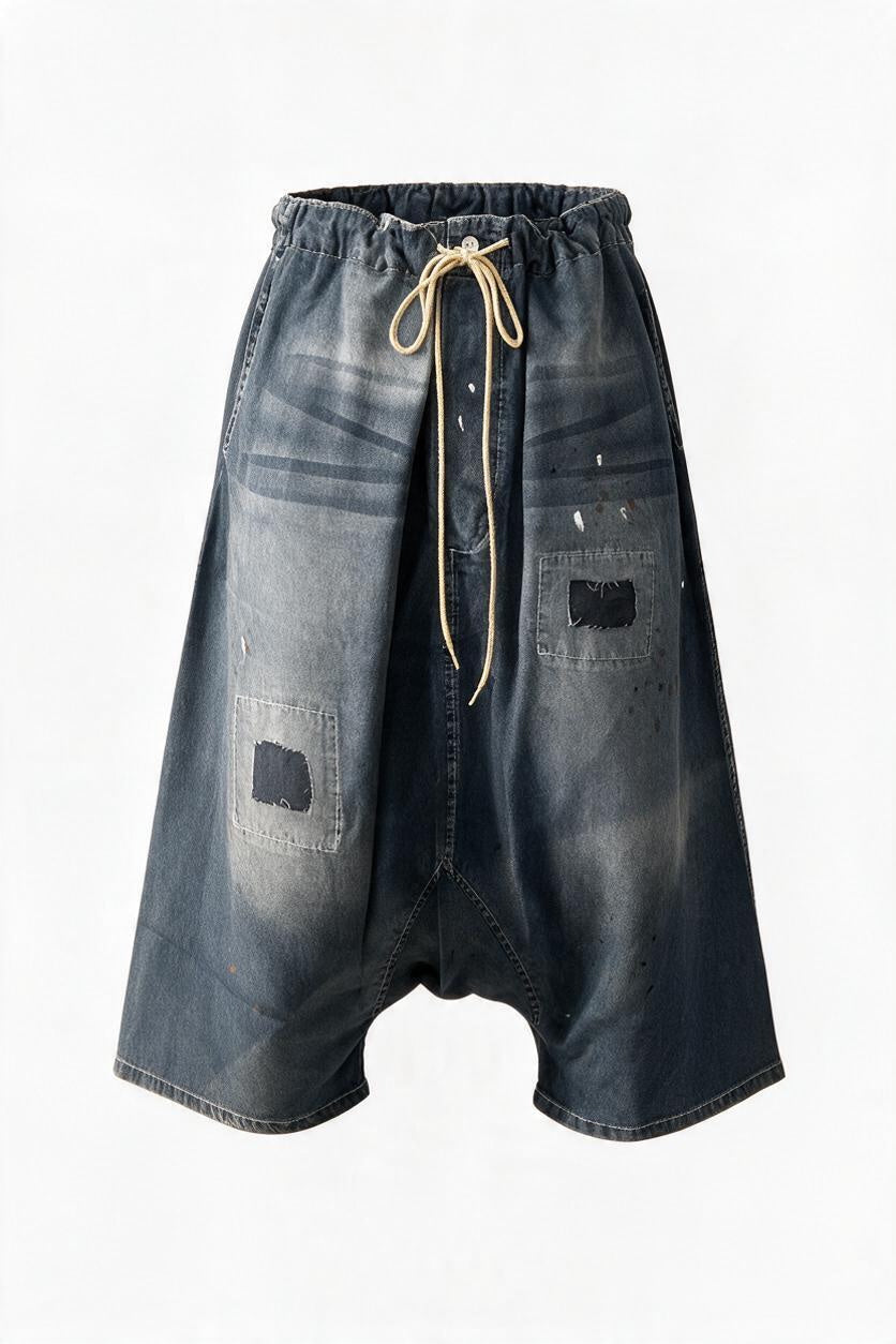 Trestles Clothing Company Earthsong harem pants in distressed blue cotton with paint splatters and a drawstring waist