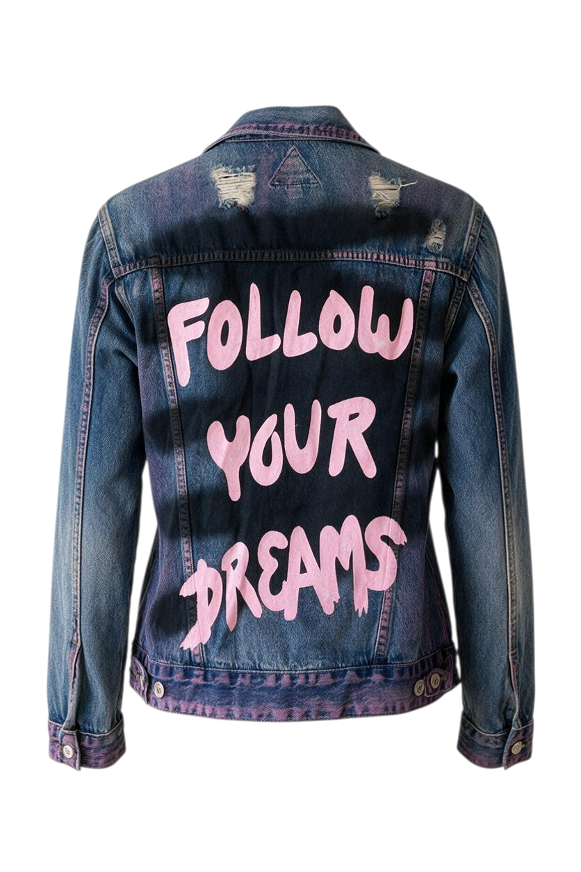 Trestles Clothing Company distressed denim jacket with hand-painted pink Follow Your Dreams text on the back