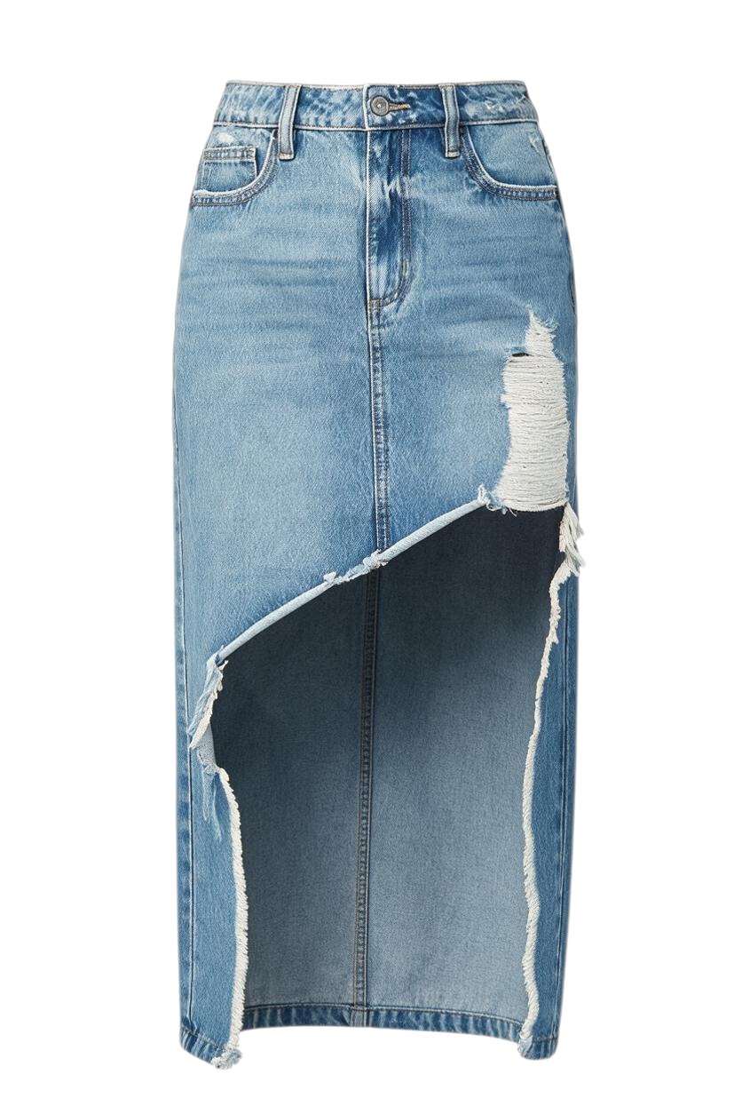Trestles Clothing Company distressed denim maxi skirt with a high-low raw hem, worn with olive green knee-high boots.