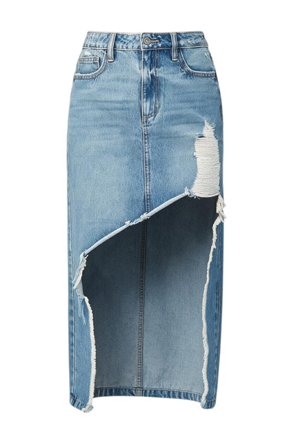 Trestles Clothing Company distressed denim maxi skirt with a high-low raw hem, worn with olive green knee-high boots.
