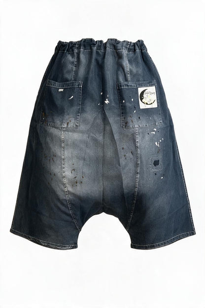 Trestles Clothing Company Earthsong harem pants in distressed blue cotton with paint splatters and back pockets