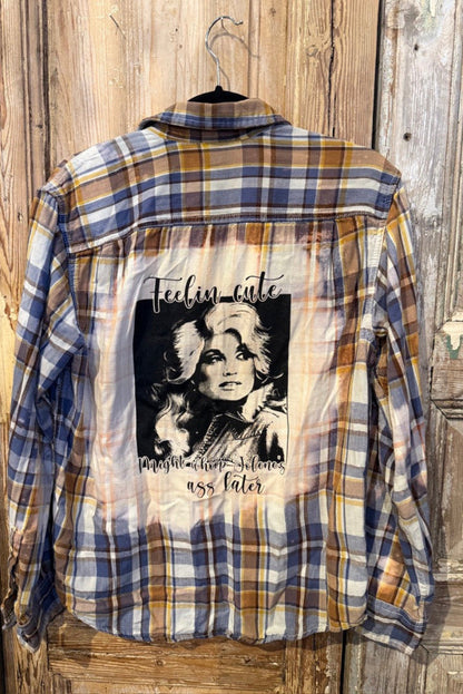 Trestles Clothing Company upcycled plaid flannel shirt featuring a bleached back panel with a Dolly Parton graphic