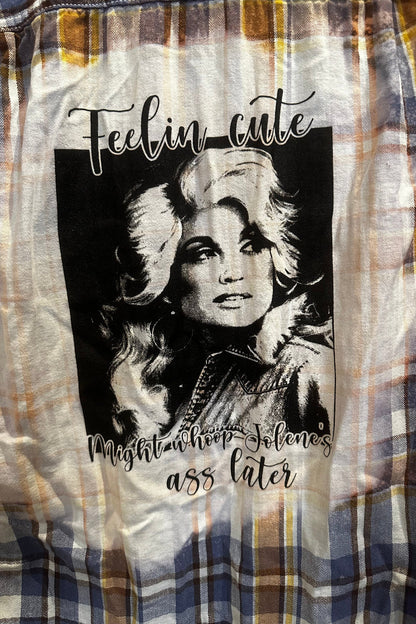 Trestles Clothing Company upcycled bleached flannel featuring a Dolly Parton graphic with Feelin cute text on the back