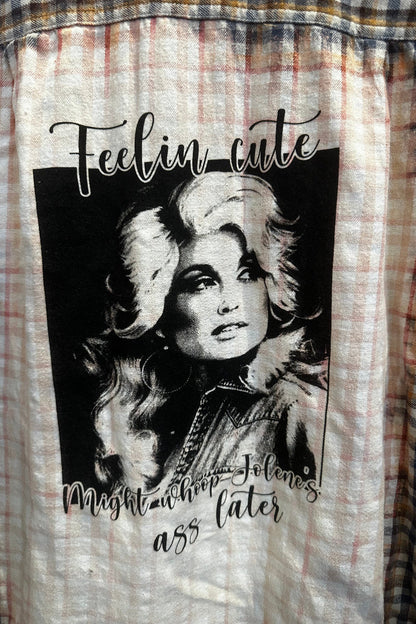 Trestles Clothing Company upcycled flannel featuring a black and white graphic of Dolly Parton with text on the back