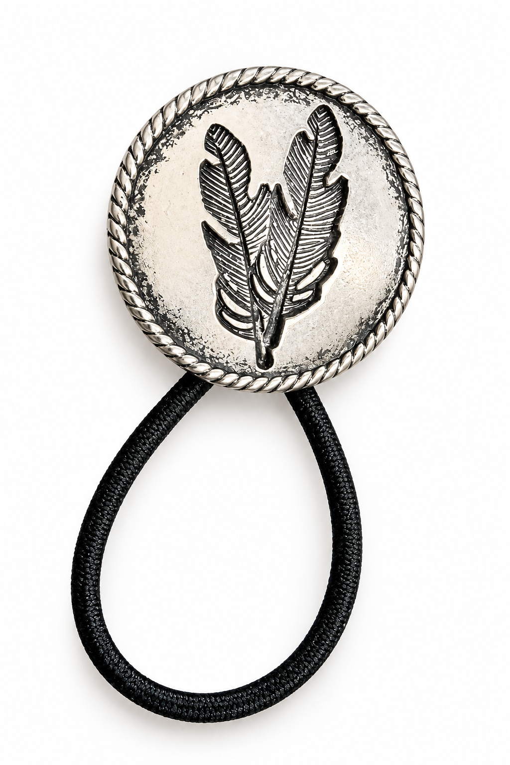 Trestles Clothing Company silver feather ponytail holder with a rope-edge metal charm and black elastic hair tie.