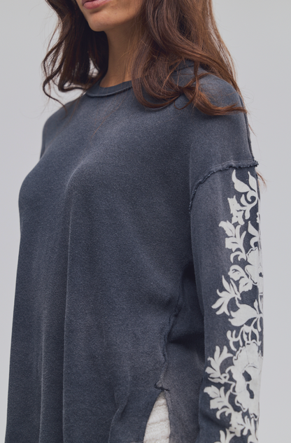 Trestles Clothing Company Flora long sleeve tee in charcoal grey cotton with white floral sleeve print and raw seams