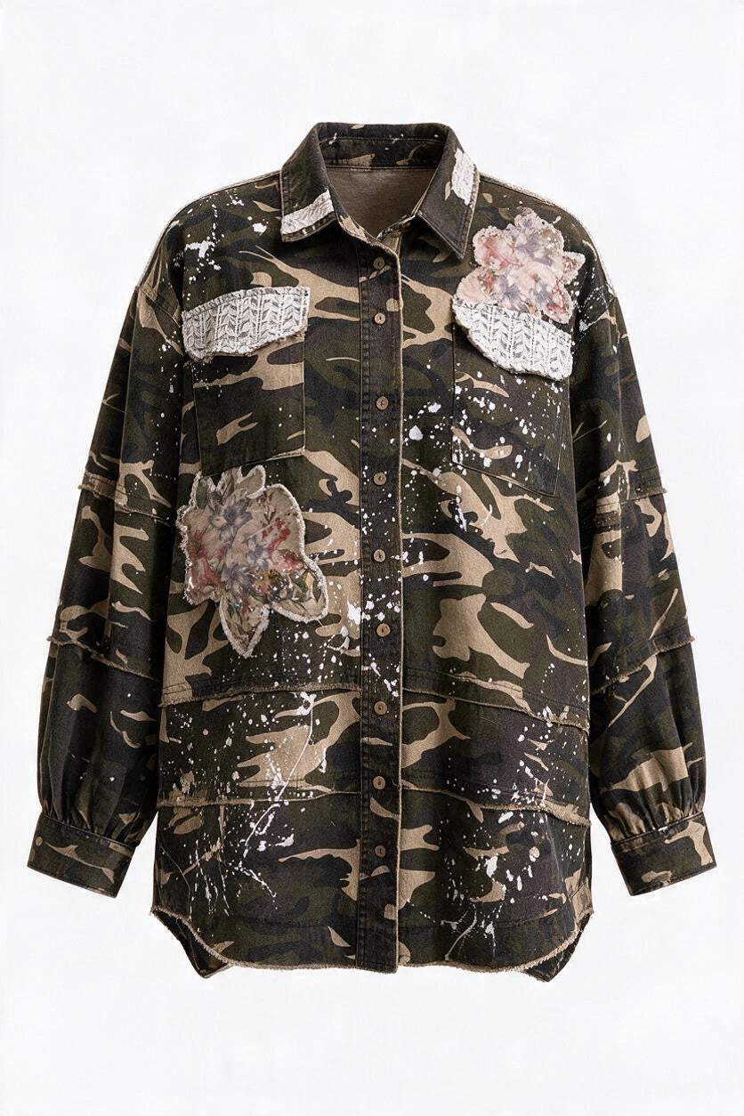 Trestles Clothing Company floral patched camo shacket in 100% cotton with paint splatters and a relaxed button-up fit.
