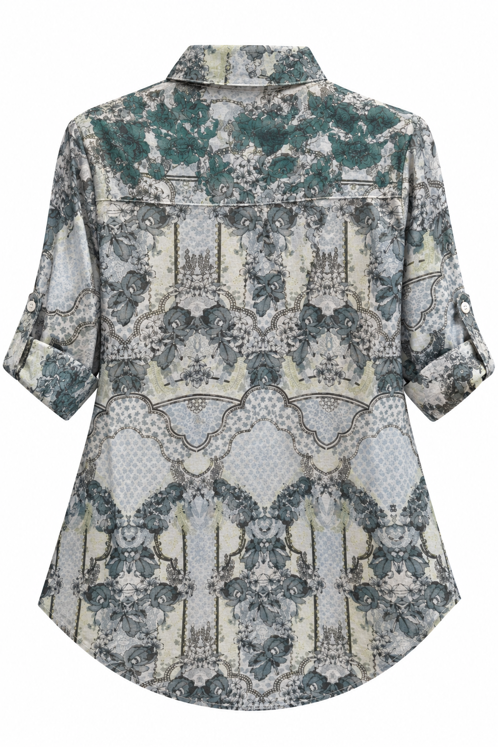 Back view of Trestles Clothing Company floral cotton blouse with a collared neckline and rolled sleeves