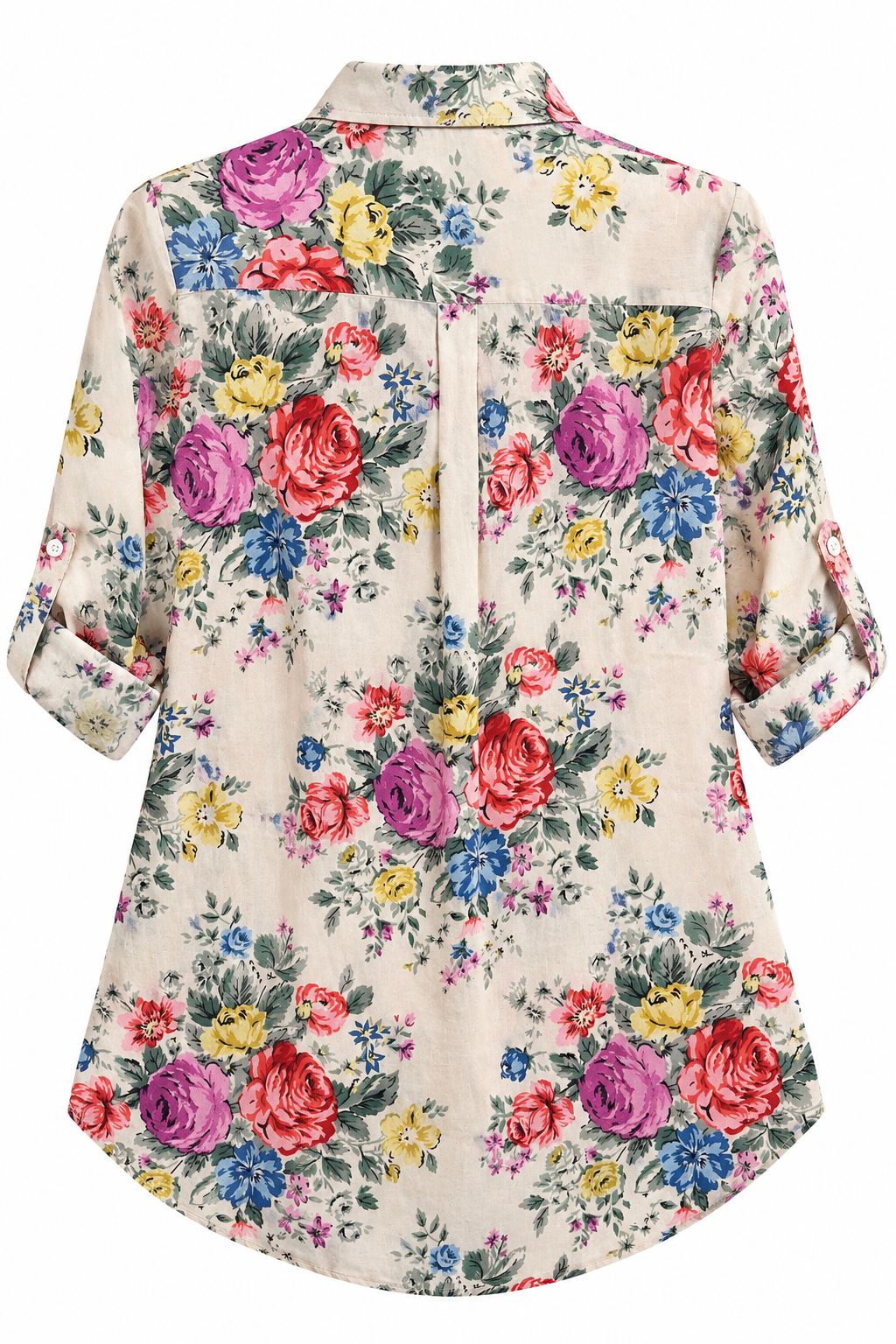 Trestles Clothing Company floral cotton blouse with a collared neckline and rolled sleeves, back view.