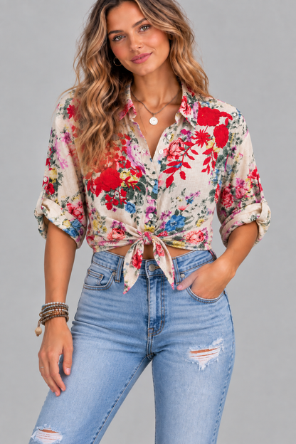 Trestles Clothing Company floral cotton blouse with front tie and bold embroidery worn with distressed blue jeans