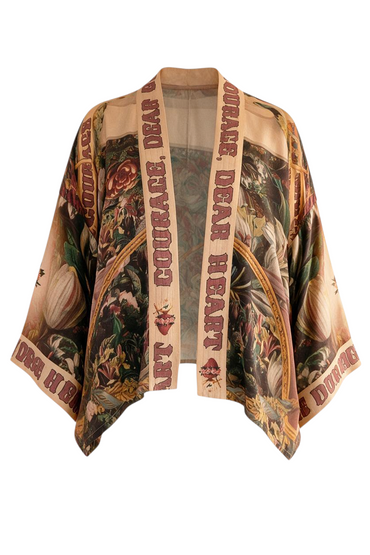 Trestles Clothing Company cropped kimono in bamboo viscose with archival Victorian floral print and quote trim.