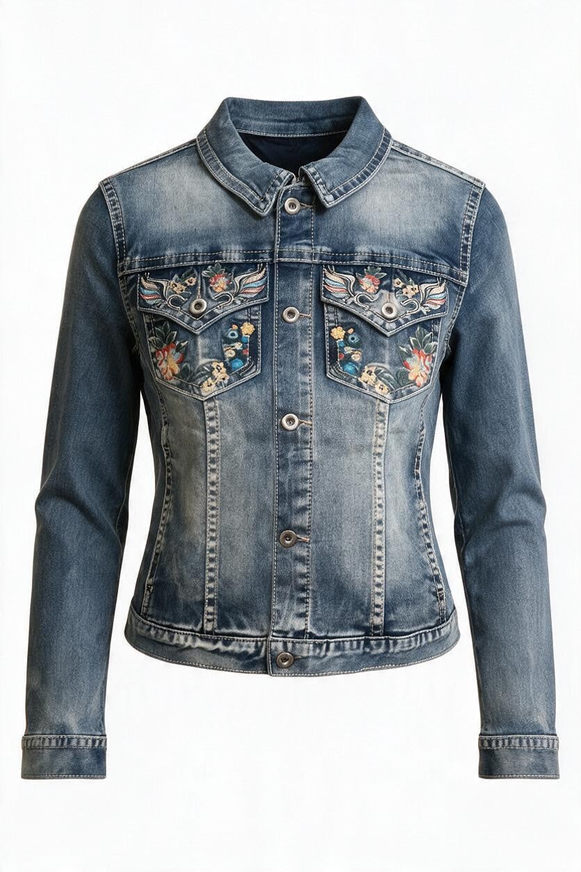 Trestles Clothing Company vintage wash denim jacket with floral embroidery on the chest pockets