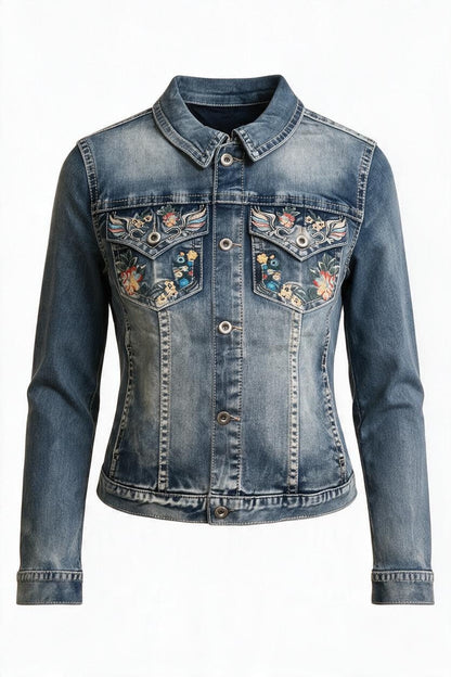 Trestles Clothing Company vintage wash denim jacket with floral embroidery on the chest pockets