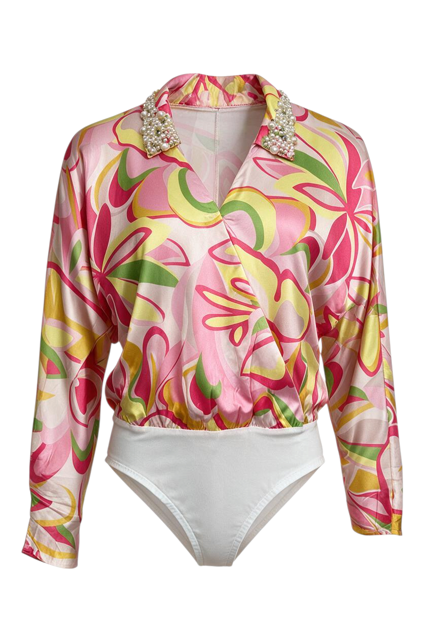 Trestles Clothing Company disco bodysuit with long sleeves, pink and yellow floral print, and pearl-embellished collar.
