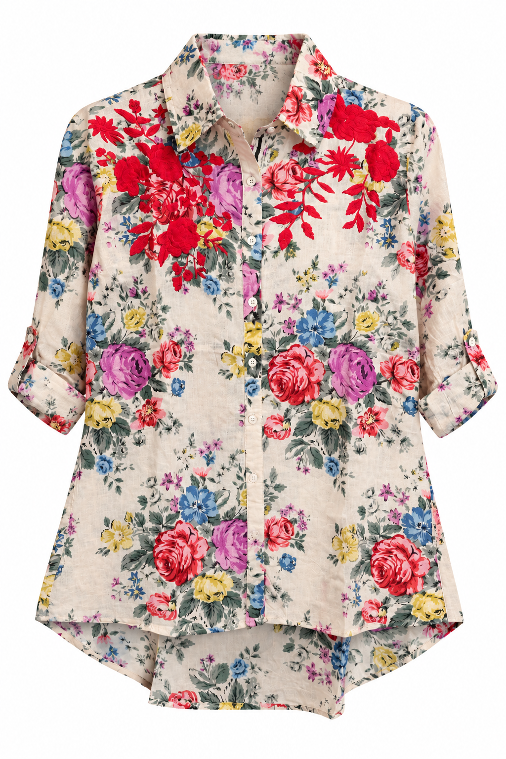 Trestles Clothing Company floral embroidered cotton blouse with a collared neckline and button-down front.