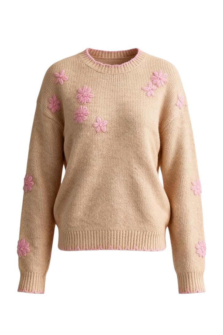 Trestles Clothing Company beige knit sweater with pink floral embroidery and scalloped contrast trim on edges