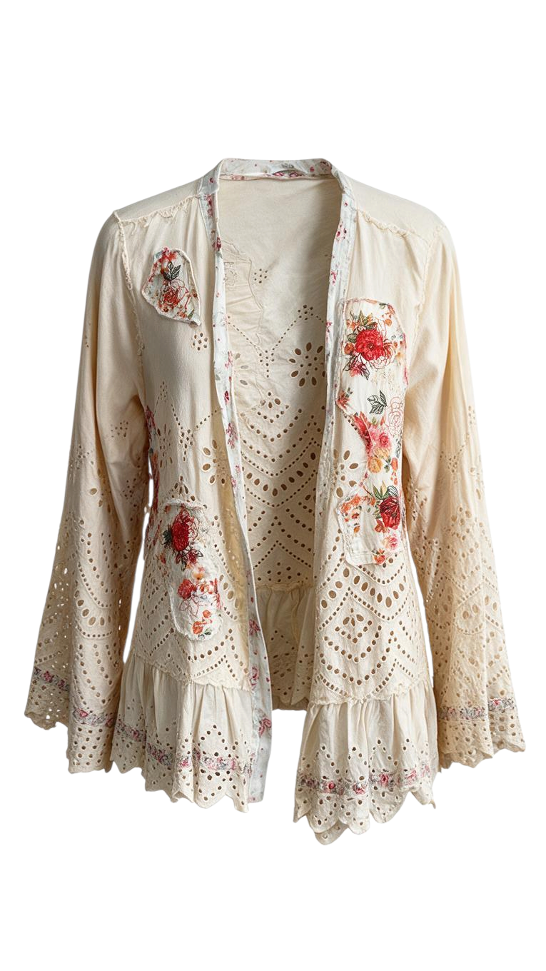 Trestles Clothing Company short cream cotton kimono with floral patchwork, eyelet lace details, and a ruffled hem.
