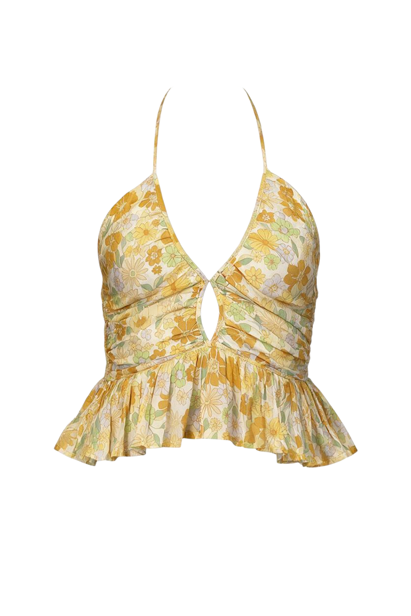 Trestles Clothing Company Gold T Garden v-neck halter top with yellow floral print, smocked back, and peplum ruffle.