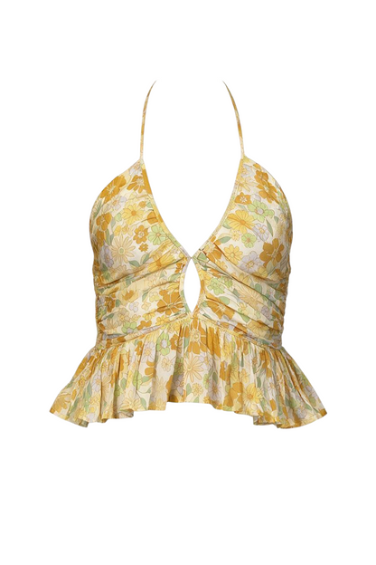 Trestles Clothing Company Gold T Garden v-neck halter top with yellow floral print, smocked back, and peplum ruffle.