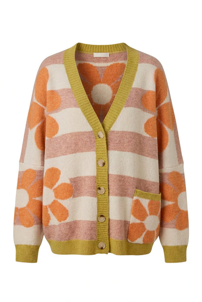 Trestles Clothing Company oversized knit cardigan with retro orange floral pattern, striped design, and V-neckline.
