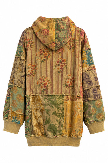 Back view of a Trestles Clothing Company floral patchwork hoodie in warm autumn colors with a cozy cotton design.