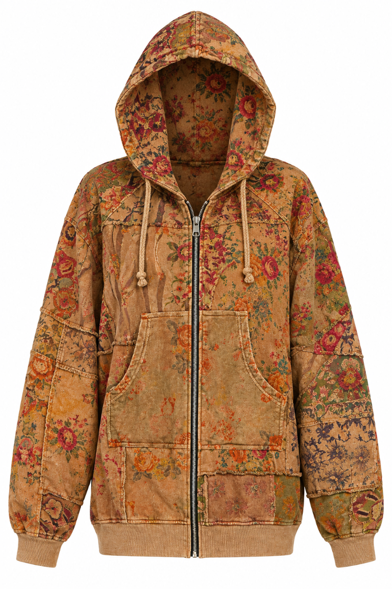Trestles Clothing Company floral patchwork zip-up hoodie in warm autumn colors made from 100% cotton with pockets.