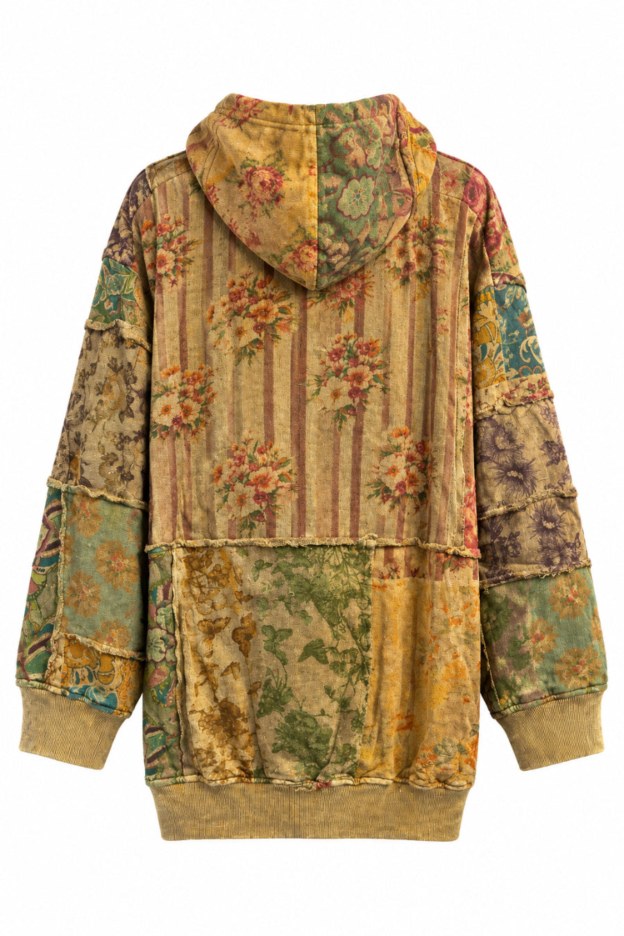 Back view of a Trestles Clothing Company floral patchwork hoodie in warm autumn colors with a cozy cotton design.