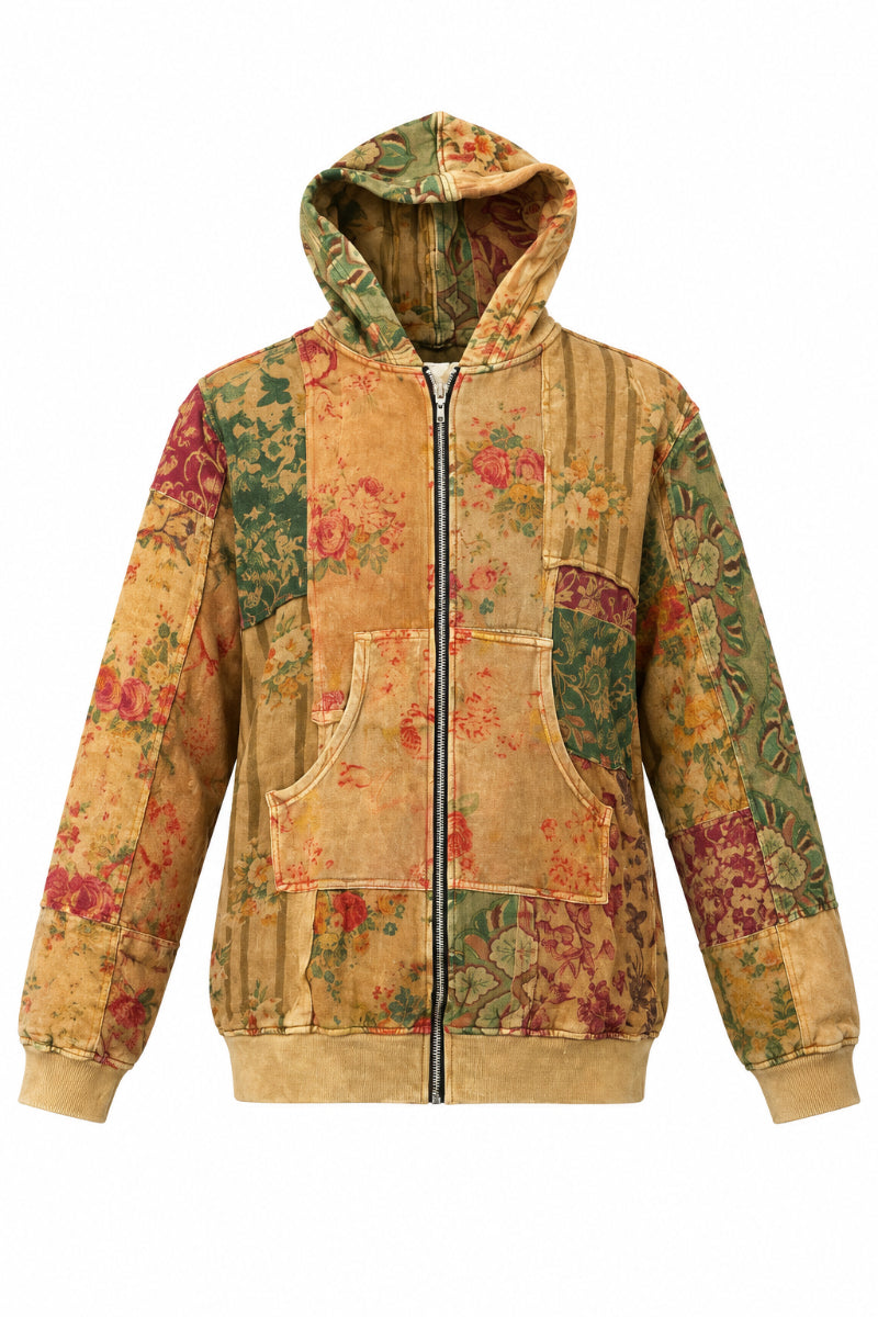 Trestles Clothing Company floral patchwork zip-up hoodie in warm autumn colors made from 100% cotton with pockets