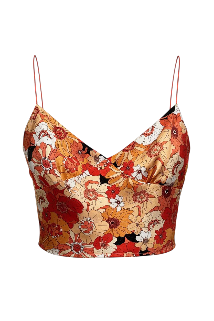 Trestles Clothing Company retro satin crop top with orange and red floral print and thin bungee straps