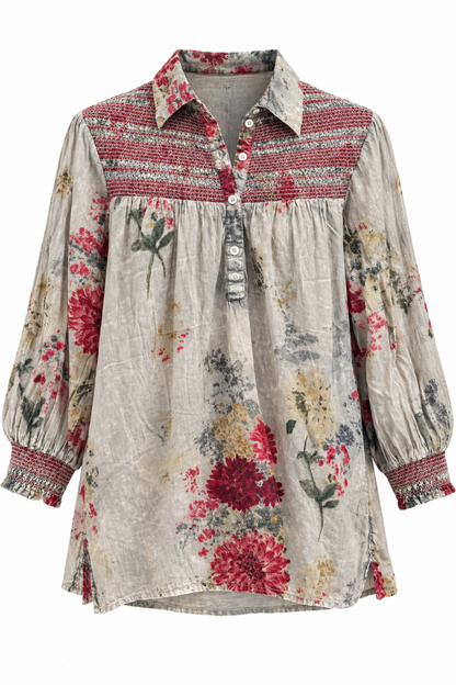 Trestles Clothing Company floral cotton blouse with a smocked yoke, 3/4 sleeves, and button-front vintage design.