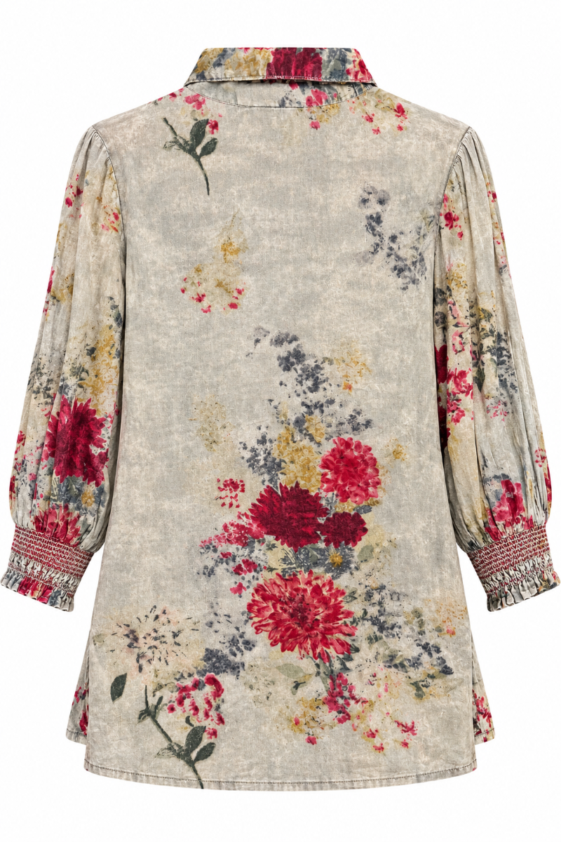Trestles Clothing Company smocked yoke blouse in vintage washed cotton with a floral print and 3/4 length sleeves.