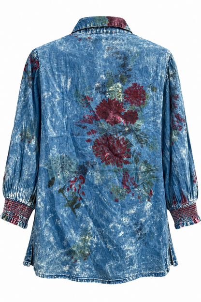 Trestles Clothing Company smocked yoke blouse in blue acid-wash cotton with vintage floral print and 3/4 sleeves