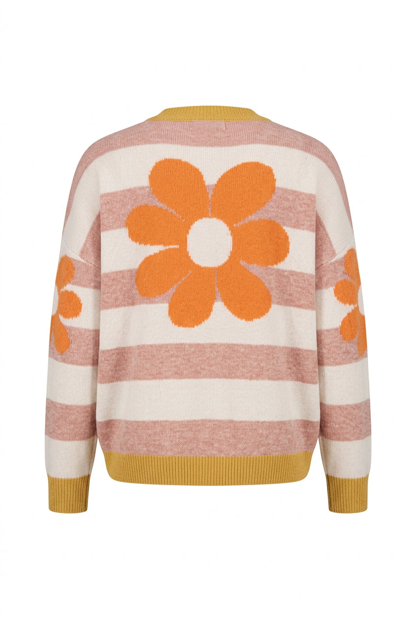 Trestles Clothing Company oversized knit cardigan with retro orange flower pattern and pink striped design
