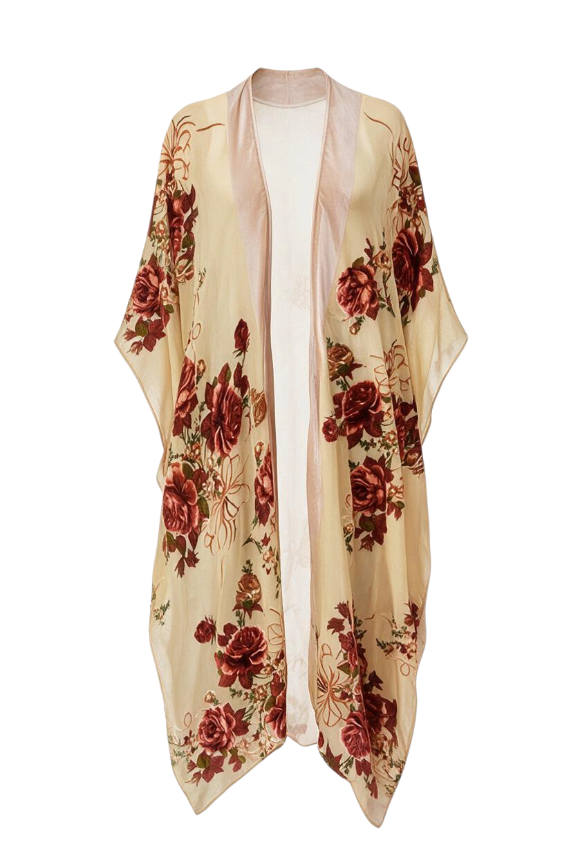 Trestles Clothing Company Holiday Roses maxi kimono in lightweight burn out velvet with red floral pattern and side slits