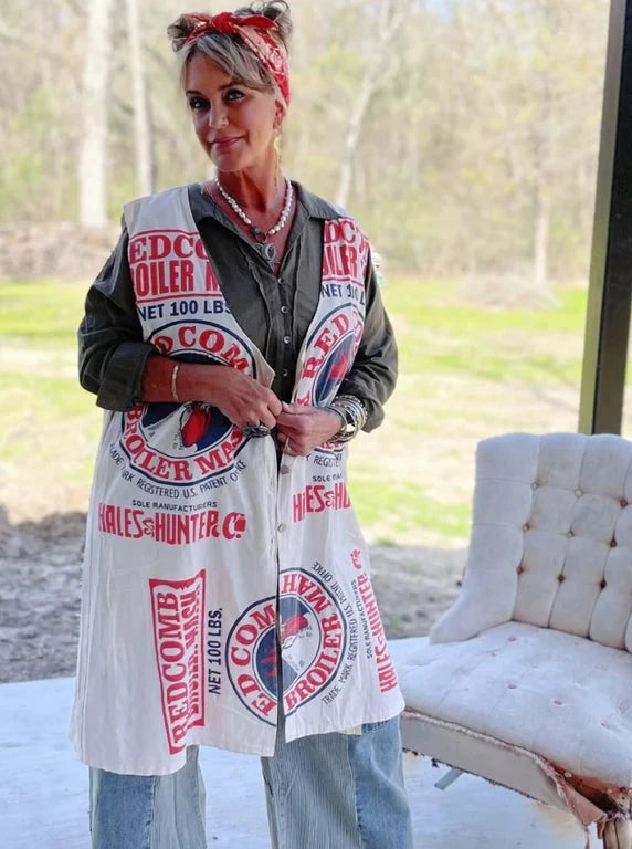 Trestles Clothing Company Market Staple Duster in red and white cotton with vintage flour sack print and front buttons