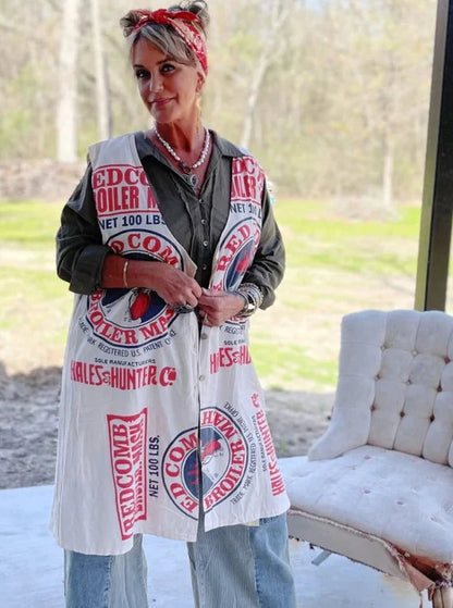 Trestles Clothing Company Market Staple Duster in red and white cotton with vintage flour sack print and front buttons