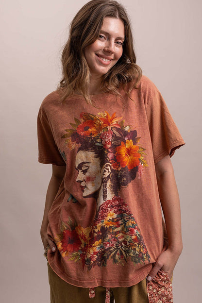 Trestles Clothing Company Frida Kahlo graphic tee in vintage washed rust cotton with a relaxed fit and scoop neck