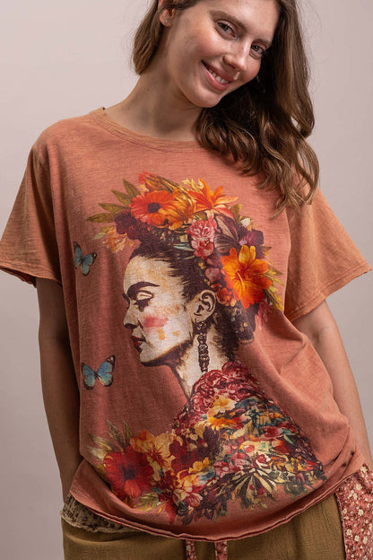 Trestles Clothing Company Frida Kahlo graphic tee in vintage washed rust cotton with a relaxed fit and floral print