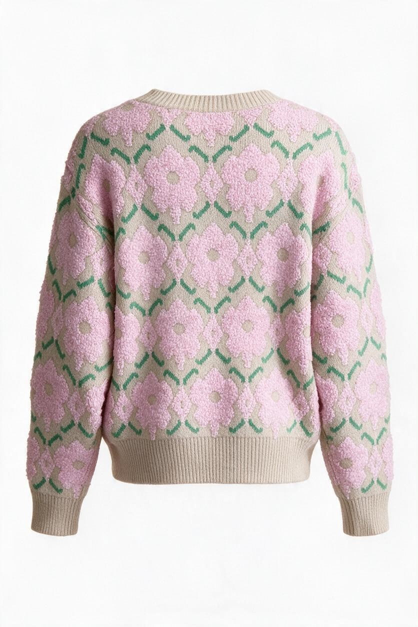Back view of a Trestles Clothing Company fuzzy floral sweater in beige with pink flowers and green accents.
