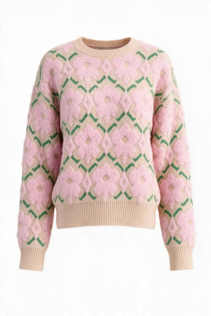 Trestles Clothing Company fuzzy floral knit sweater in pink, green, and beige with a relaxed fit and ribbed trim.