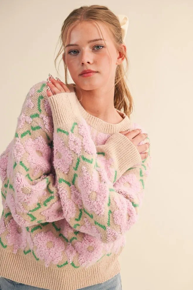 Trestles Clothing Company fuzzy floral knit sweater with a relaxed fit, drop shoulders, and retro-inspired design.