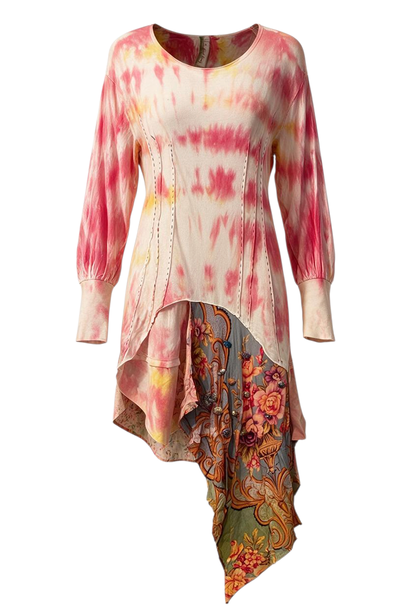 Trestles Clothing Company Gianni Touch Top featuring a pink tie-dye bodice, asymmetrical hem, and floral scarf panel.