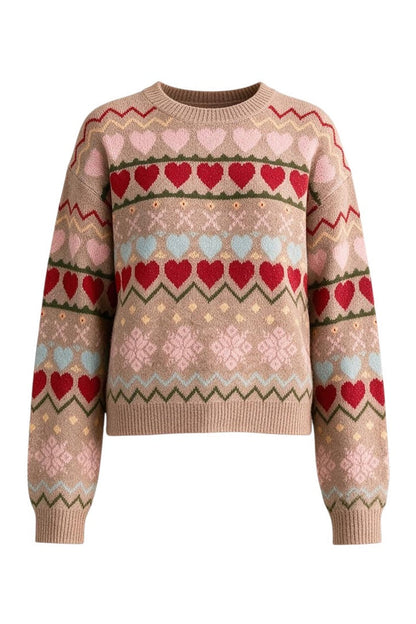 Trestles Clothing Company gingerbread hearts sweater in a cozy knit with a retro geometric heart pattern and round neck