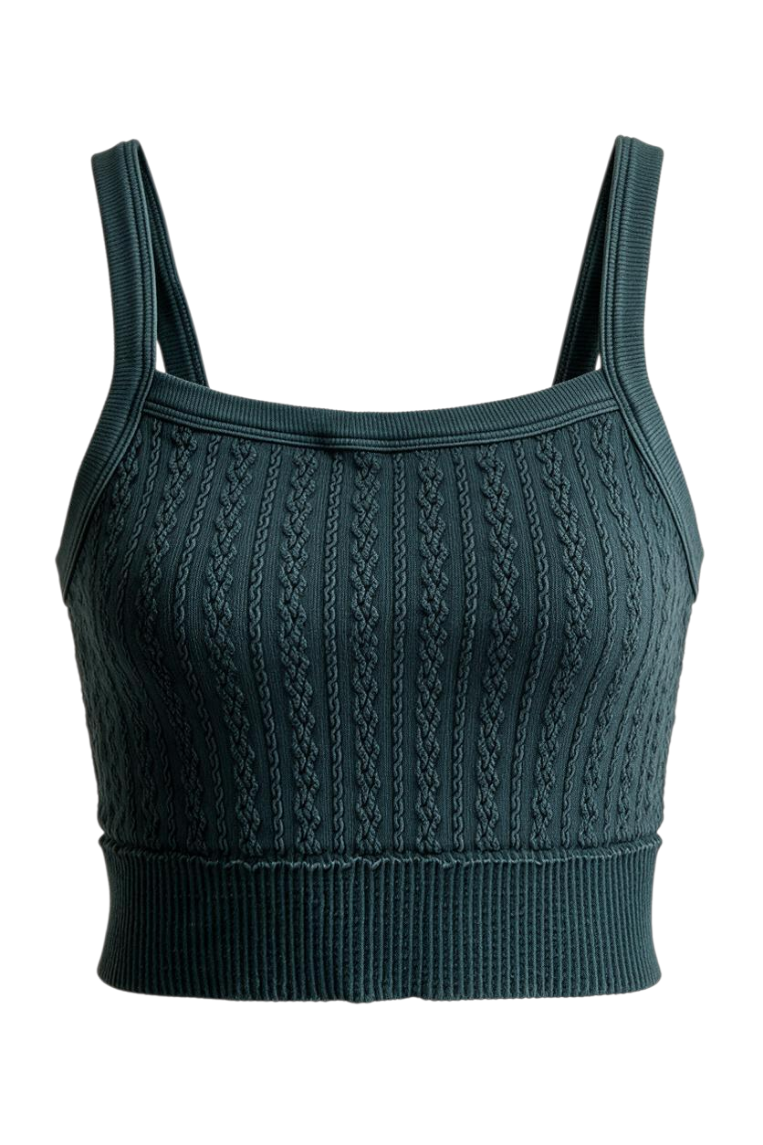 Trestles Clothing Company dark green cabled cropped cami with a square neck and supportive ribbed elastic band.