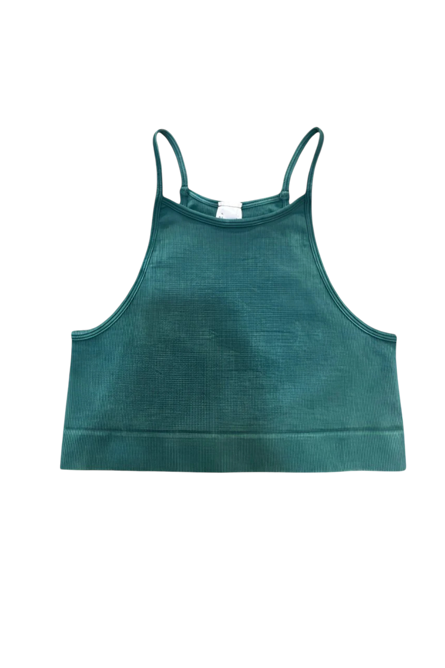 Trestles Clothing Company green ribbed highneck crop cami top with a t-back design for workouts or layering.