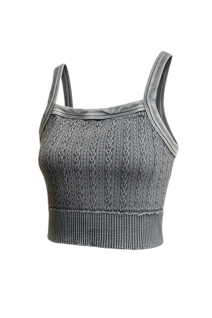 Trestles Clothing Company grey vintage wash cabled cropped cami with a square neck and supportive elastic band.